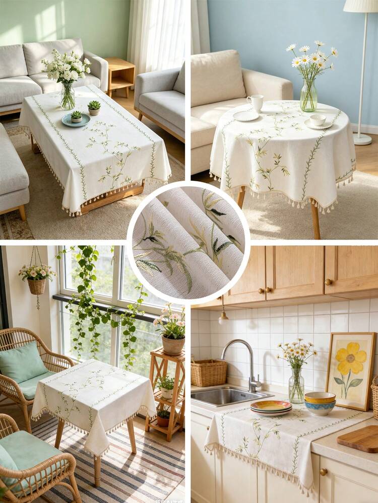 1pc Green Embroidered Bamboo Leaf Tablecloth, Rectangular, Beige Tassel Decor, Washable, Fits Bedside Cabinet, Coffee Table, Cabinet, Sideboard, Table Decor, Suitable For Kitchen, Dining Room, Gathering, Dinner, Holiday, Party, Wedding, All Seasons, Spring/Summer - Green - View 3