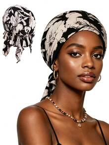 CONFLASS Red Floral Bohemian Style Black & White Floral Pre-Tied Headband - Soft, Comfortable Stretchy Headwrap With Tails, Breathable Hair Care, Suitable For Sleeping, Chemotherapy And Muslim Fashion - Multicolor - View 3