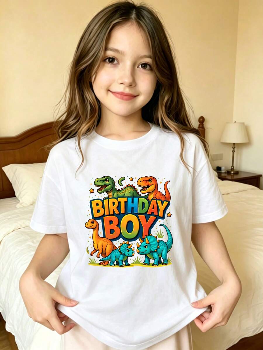 Dinosaur Pattern Birthday Printed T-Shirt For Kids - White - View 1