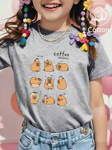 Young Girl Summer T-Shirt For Girls, Featuring An Adorable Custom Coffee Bear Design On A Classic Round-Neck Cut, Perfect Short Sleeve Fit For Comfortable Everyday Wear; Oversized Top In A Sweet Style, Brilliantly Combining Preppy And Streetwear Elements, Bringing Out A Mix Of Cute And Unique Flair This Summer. - Ash - View 2
