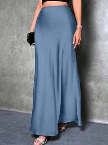 Women's Solid Color Mermaid Style Maxi Dress, Glossy Mid-Length Elegant Dress, Suitable For Parties And Everyday Wear Vintage Satin Met Gala - 霧霾藍 - 查看 1