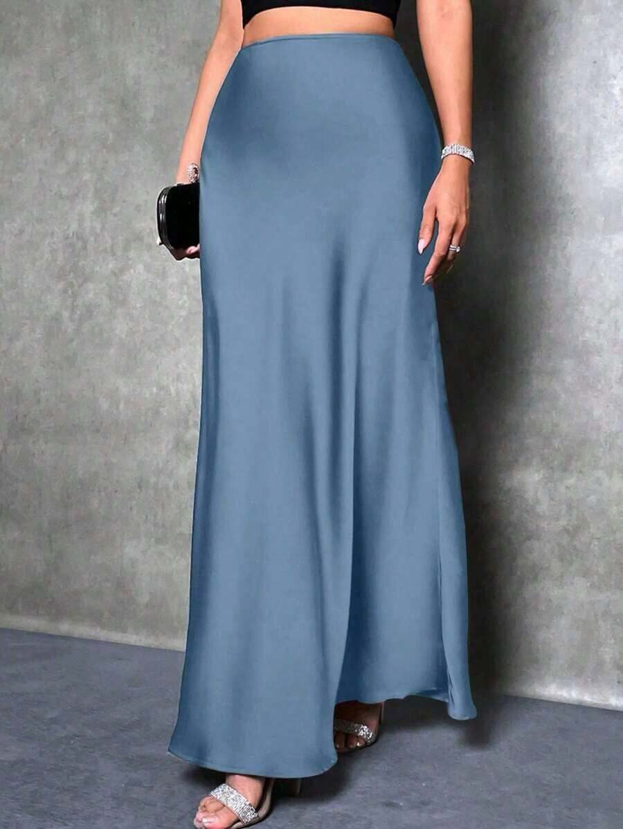 Women's Solid Color Mermaid Style Maxi Dress, Glossy Mid-Length Elegant Dress, Suitable For Parties And Everyday Wear Vintage Satin Met Gala - 霧霾藍 - 查看 1