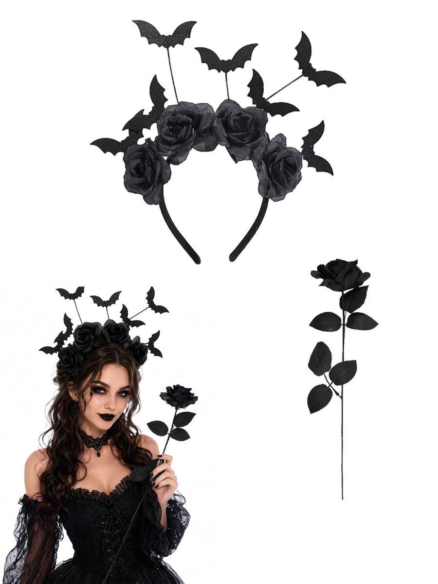 Halloween Black Rose&Bat Headband, Gothic Style Witch Headband With Black Flower, Black Gothic Demon Headpiece, Suitable For Halloween Party Headpiece, Halloween Cosplay Costumes, Themed Party Headwear, Haunted House Costumes, Holiday Photo Styling - View 1