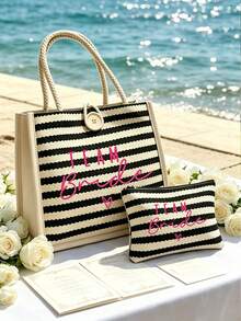 Conjunto de bolso tote y bolso de maquillaje con estampado nupcial - Bolso de hombro mini a rayas negras y blancas - Bolso de almacenamiento de artículos pequeños - Bolso de mano para vacaciones - Bolso de regalo para damas de honor - Perfecto para vacaciones en la playa, natación, compras, fiesta de boda y desplazamiento diario - Regalo perfecto para amigos y familiares - Multicolor - View 5