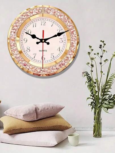 1pc 2D Flat Pink Crystal Gold Frame Round Wall Clock With Arabic Numerals, Quartz Movement, Suitable For Living Room, Bedroom, Office, Hotel Lobby Decor, 2D Flat