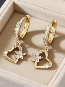 1 par de pendientes con colgante de corazón sintético de moda y temperamento, pendientes versátiles y fáciles de usar como regalo para mujeres en vacaciones o citas - Multicolor - Ver 7