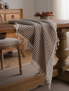 Tokoto Coffee Gingham Tablecloth With Tassel Fringe, Farmhouse Cotton Linen Table Cover For Dining Table, Nightstand & Coffee Table Decor, Rustic Boho Plaid Style - Brown - View 3
