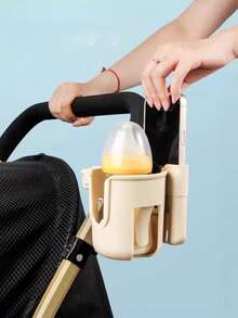 1pc 2-In-1 Stroller Cup Holder & Phone Holder, Beige Universal Stroller Accessory, Multi-Functional Water Bottle & Milk Tea Storage Rack, Suitable For Toddler Strollers - Multicolor - View 1