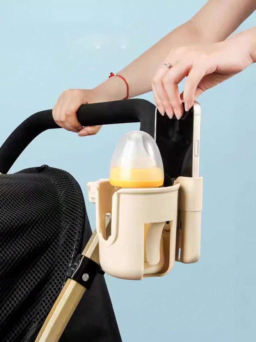 1pc 2-In-1 Stroller Cup Holder & Phone Holder, Beige Universal Stroller Accessory, Multi-Functional Water Bottle & Milk Tea Storage Rack, Suitable For Toddler Strollers - Multicolor - View 1