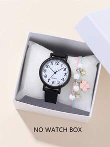 Set de 2 relojes de cuarzo con correa de silicona y esfera numérica minimalista + pulsera, reloj de moda para estudiantes - Negro - Ver 1