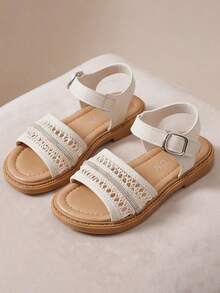 Sandal Putih Anak Usia 3-12 Tahun, Model Terlaris. Dekorasi Kristal di Bagian Atas + Gesper Persegi Logam di Tumit, Desain Pengait dan Perekat yang Dapat Diatur. Sol Anti Selip Cokelat Lembut, Insole Lembut. Segar dan Serbaguna, Cocok untuk Berbagai Pakaian dan Pemakaian Sehari-hari. - Krem - View 2