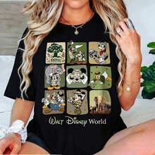 Disney 1PC Licensed "Vintage 9‑Panel Grid‑Style Mickey Minnie Donald Daisy Goofy Pluto Animal Kingdom Safari Explorer" Cartoon Printed Oversized T‑Shirt, Short Sleeve Tee For Disney Travel, Vacations & Theme Parks.2026 New Style, Ideal For Family Matching Outfits, Unisex For All Ages.High‑Quality Cotton Fabric, Soft & Breathable.Each Square Features Unique Safari‑Themed Illustrations Including The Tree Of Life, Jungle Wildlife, And Explorer‑Gear‑Wearing Disney Characters, Perfect Gift For Animal Kingdom‑Themed Disney Trips. - Black - View 1