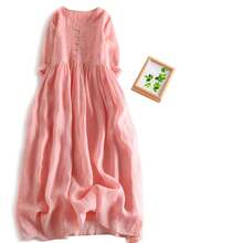 Elegante Vestido Rosa de Algodón y Lino Bordado para Mujer, Vestido Largo de Verano Holgado que Cubre el Vientre, Estiliza y ... - Rosa - Ver 1