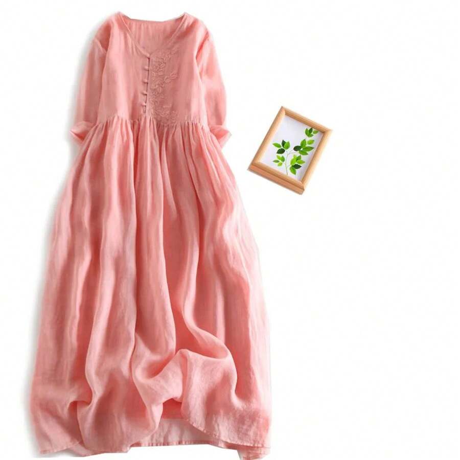 Elegante Vestido Rosa de Algodón y Lino Bordado para Mujer, Vestido Largo de Verano Holgado que Cubre el Vientre, Estiliza y ... - Rosa - Ver 1