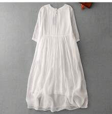 Elegante Vestido de Lino Bordado de Verano para Mujer, Falda Larga de Gasa Blanca, Estilo Vintage con Dobladillo Ancho de Alg... - Falda blanca - Ver 3