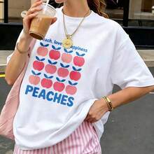 Women's T-Shirt, Peach Pattern With Blue Leaves, Short-Sleeved Crew Neck Sweater, Casual, Suitable For Spring And Summer - White - View 1