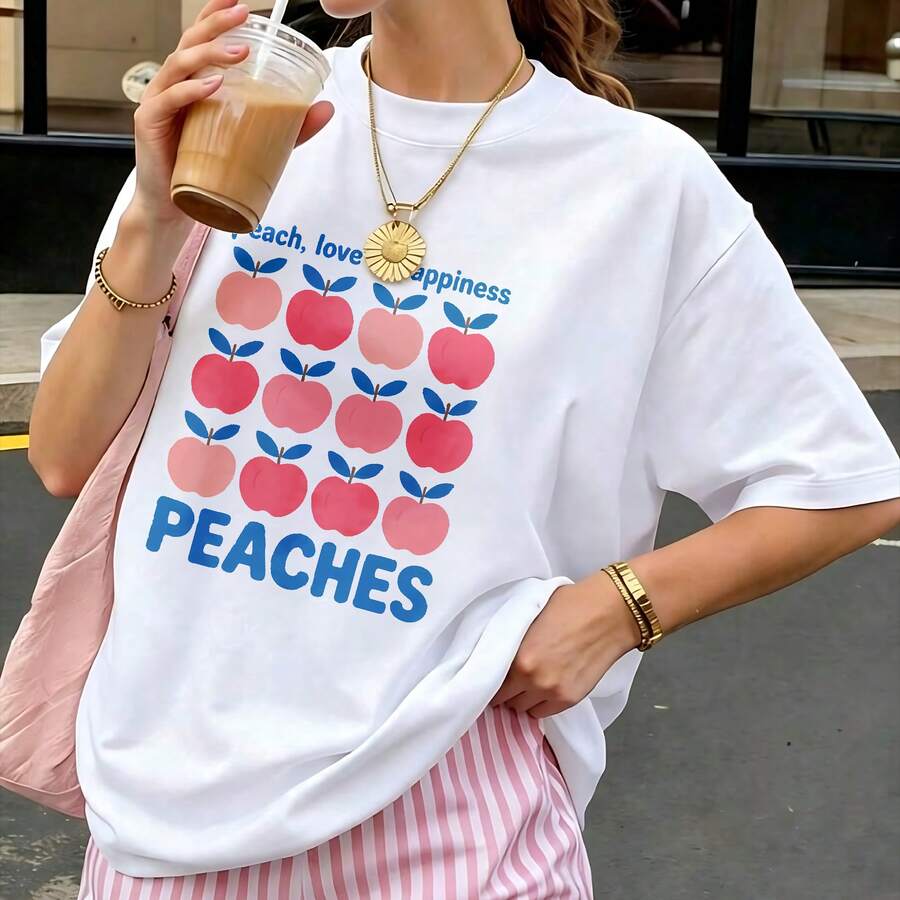Women's T-Shirt, Peach Pattern With Blue Leaves, Short-Sleeved Crew Neck Sweater, Casual, Suitable For Spring And Summer - White - View 1