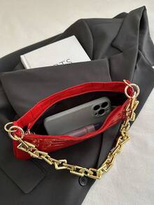1pc Shiny Solid Gold Chain Decor Underarm Baguette Bag - Burgundy - View 8