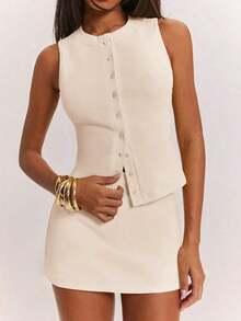 2 piezas/Set Parte superior de punto a rayas casual de verano y minifalda de cintura baja, adecuado para brunch, salidas, citas, viajes al trabajo, vacaciones en crucero, ideal para vacaciones de mujer en Ibiza, conjunto amarillo - Albaricoque - Ver 3