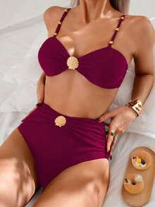 Swim Chiccia Conjunto de bikini marrón de cintura alta con control de abdomen, correa con cuentas y hebilla de metal elegante para vacaciones de mujer, primavera/verano 2025 - Burdeos - Ver 11