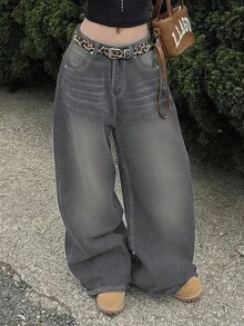 Retro High Street Washed Gray Denim Jeans, Women's Fashion Design Straight Loose Casual Wide Leg Pants, New Autumn Collection - Grey - View 6