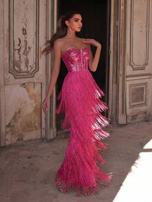 Elegant Solid Color Sequin Strapless Maxi Dress, Multi-Layer Fringe Hem, Luxury Evening Gown Suitable For Galas, Weddings Or Formal Occasions Spring Party - Hot Pink - View 4