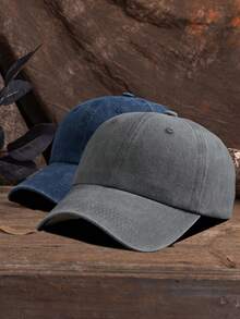 2pcs Unisex Solid Color Adjustable Washed Baseball Cap, Casual Outdoor Fashion - Navy Blue + Gray - View 2