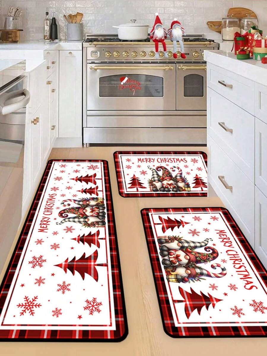 1pc Christmas Decorative Floor Mat 40x60cm, 50x80cm, 40x120cm, Pattern With Christmas Gnomes, Snowflakes, Christmas Trees And Gift Boxes, Red And Black Buffalo Plaid Border, Suitable For Holiday Home Decor, Entryway, Bathroom And Kitchen - Multicolor - View 1