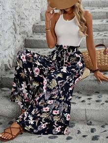 Women's Wide Leg Trousers With Elastic Waist And Print - Black Print - View 3
