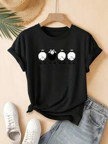 Camiseta de manga corta para mujer, corte regular - Top casual con cuello redondo y diseño geométrico 2D de cuatro lindas ovejas, una en el centro. Adecuada para todas las estaciones, disponible en varios colores y tallas. Festiva, a la moda, estética vintage, material transpirable, estampado divertido. una camiseta estampada muy distintiva / estilo unisex / adecuada tanto para hombres como para mujeres / resistente a las arrugas / transpirable/playera de hombre - Negro - Ver 1