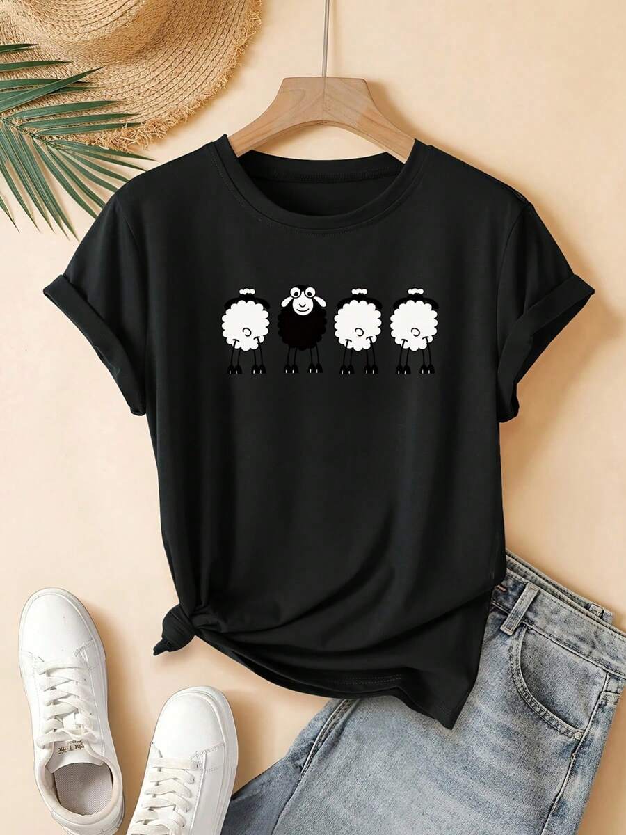 Camiseta de manga corta para mujer, corte regular - Top casual con cuello redondo y diseño geométrico 2D de cuatro lindas ovejas, una en el centro. Adecuada para todas las estaciones, disponible en varios colores y tallas. Festiva, a la moda, estética vintage, material transpirable, estampado divertido. una camiseta estampada muy distintiva / estilo unisex / adecuada tanto para hombres como para mujeres / resistente a las arrugas / transpirable/playera de hombre - Negro - Ver 1