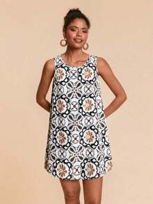 Vestido de vacaciones sin mangas de cuello redondo con estampado tropical - Blanco y Negro - Ver 2