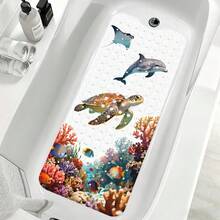 1pc PVC Thickened Non-Slip Bathroom Mat, Watercolor Underwater Coral Sea Turtle Dolphin Stingray Print With Suction Cups, Foot Massage Mat, Bathroom Pool Elderly Pet Universal Wear-Resistant Easy Clean Anti-Slip Bath Mat - View 9