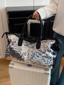 New Fashionable Travel Bag With Jacquard Pattern, Minimalist Niche Design, Stylish And Popular, Suitable For Short Trips, Fitness, With Spliced Color Blocks, Large Capacity, Versatile - Ginger - View 10