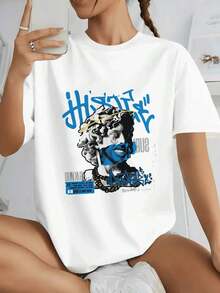 Abstract Graffiti Collage Featuring A Classical Sculpture With A Golden Halo And Motivational Words Symbolizing Urban Energy And Creative Freedom. Women's 100% Cotton T-Shirt, Women's Sportswear, Elegant Blouses For Young Women, Women's Basic Blouses. - 白色 - 查看 1
