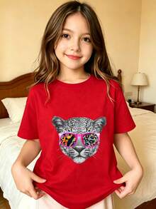 Cheetah With Sunglasses Pattern T-Shirt For Girls - Red - View 1