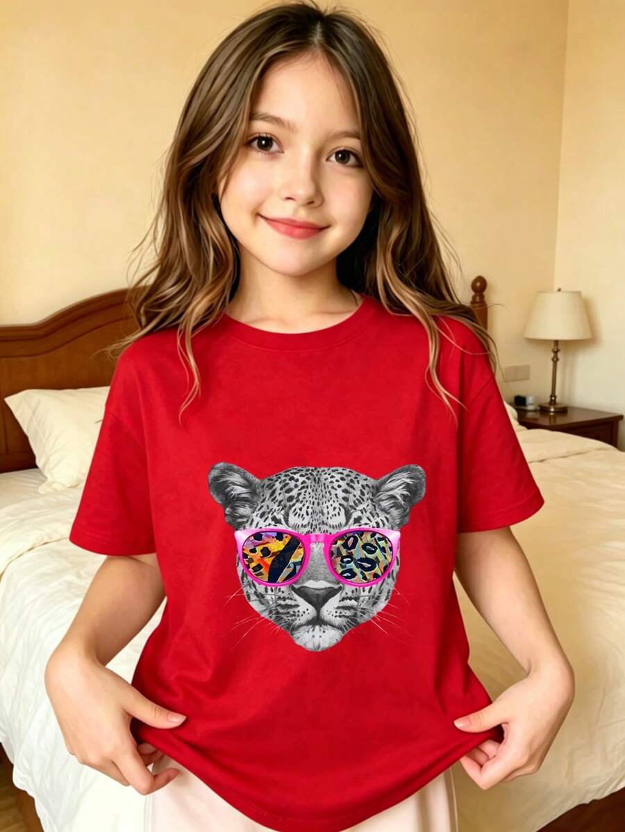 Cheetah With Sunglasses Pattern T-Shirt For Girls - Red - View 1