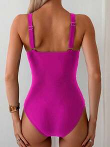 Swim Basics Traje de baño de una pieza de estilo simple de unicolor para mujer de playa de verano para vacaciones - Rosa Fucsia 2 - Ver 6