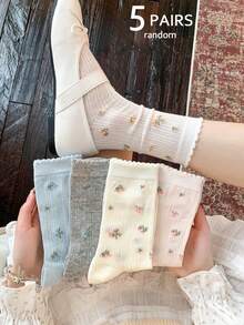 5 Pairs Women's Soft Floral Lace Trim Mid-Calf Socks, Spring/Summer Thin Breathable Non-Binding, Random Assorted Colors - Multicolor - View 1