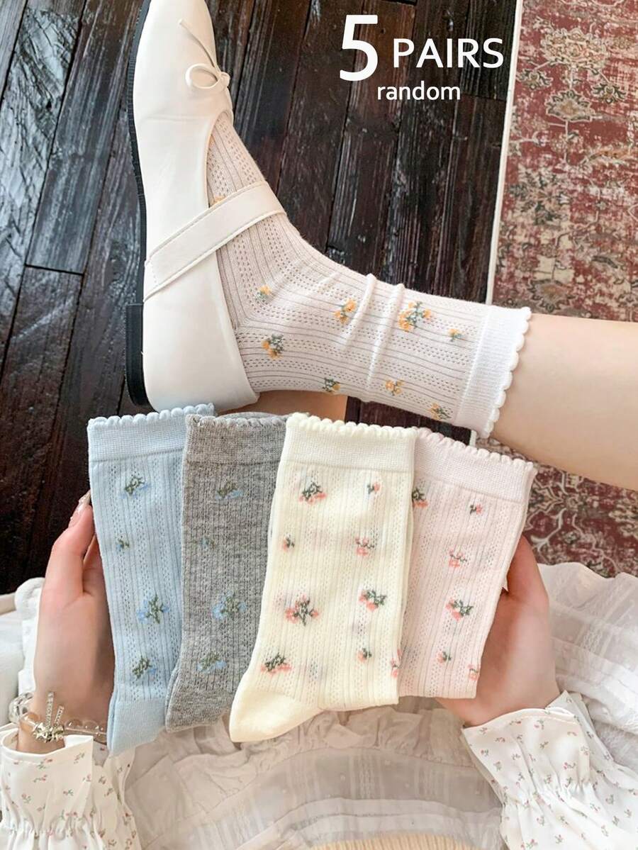 5 Pairs Women's Soft Floral Lace Trim Mid-Calf Socks, Spring/Summer Thin Breathable Non-Binding, Random Assorted Colors - Multicolor - View 1