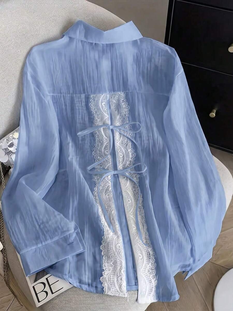 Women's Lightweight Lace Trim Semi-Sheer Layered Shirt, Fashion Designer Version, Suitable For Spring, Summer And Autumn, Machine Washable, Boho-Chic - Blue - View 1