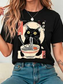 Camiseta de manga corta de cuello redondo con estampado de gato comiendo fideos, casual de verano para mujer - Negro - Ver 1