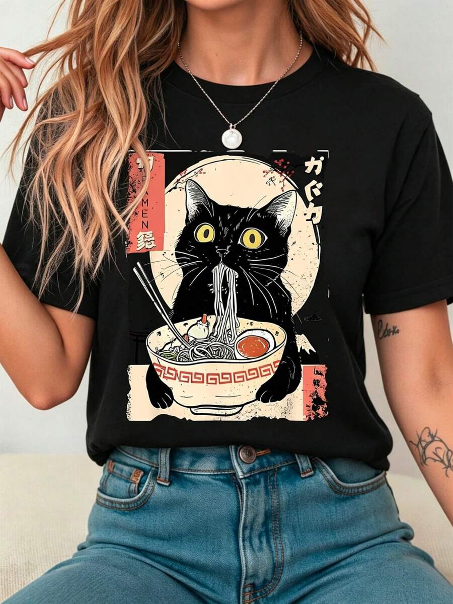 Camiseta de manga corta de cuello redondo con estampado de gato comiendo fideos, casual de verano para mujer - Negro - Ver 1