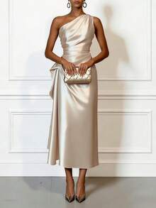 Women's Elegant Spring/Summer Satin One-Shoulder Midi Party Dress, Solid Color Pleated Evening Gown For Wedding Guest Formal Occasions, Suitable For Mother's Day - Apricot - View 7