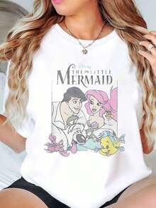 The Mermaid Ariel Prince Eric Flounder Sebastian And Scuttle Print Disney Women T Shirt Round Neck Short Sleeve Casual Summer Wear For Everyday And Holiday Soft Comfortable 220g - trắng - Xem 1