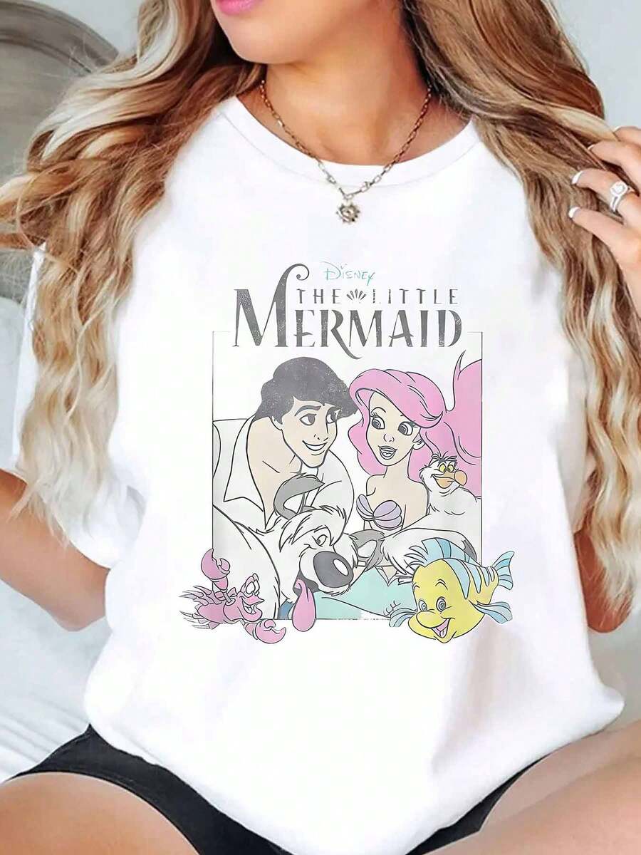 The Mermaid Ariel Prince Eric Flounder Sebastian And Scuttle Print Disney Women T Shirt Round Neck Short Sleeve Casual Summer Wear For Everyday And Holiday Soft Comfortable 220g - trắng - Xem 1
