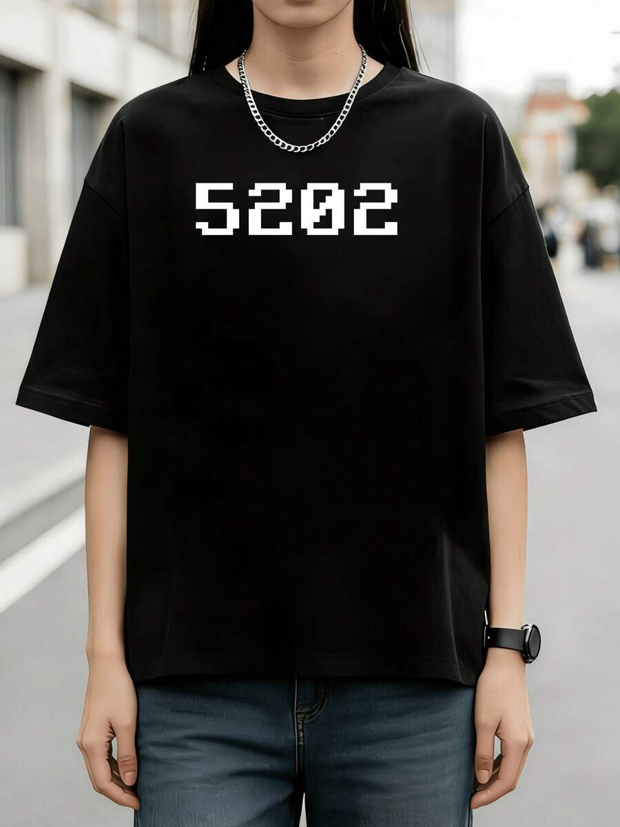 Women's Minimal Pixel Numeric Tech Grunge Printed Tee, Pure Cotton Retro Gaming Daily Streetwear.Png - Black - View 1