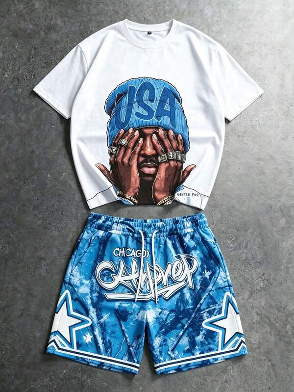 Conjunto casual FRACTYR para hombre estilo callejero americano con camiseta de cuello redondo de manga corta con estampado de estrellas y camuflaje rosa y pantalones cortos con cintura de cordón, cómodo y transpirable, adecuado para usar en verano