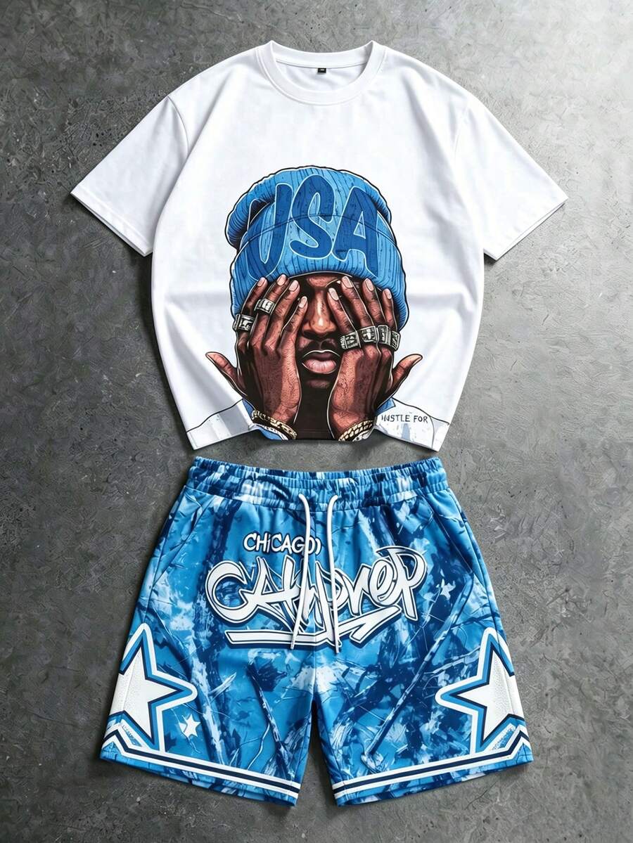FRACTYR Herren American Street Style Rosa Camouflage Stern Muster Rundhals Kurzarm Lässig T-Shirt und Kordelzug Taille Shorts Lässig Set, bequem und atmungsaktiv, geeignet für den Sommer - Blau - Übersicht 1