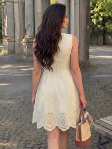 xheModelyn Vestido de línea A con cintura recogida, sin mangas, con elegante estampado floral en color albaricoque, adecuado para primavera y veranoxhe - Albaricoque - Ver 3